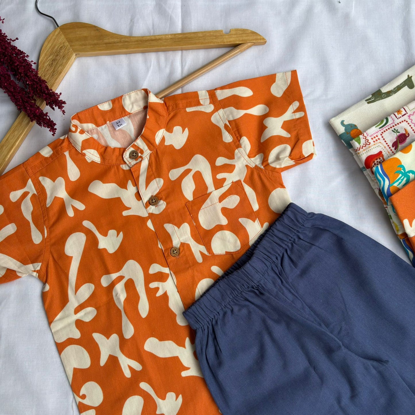 Boys Cotton Shirt And Shorts set Orange Mirage