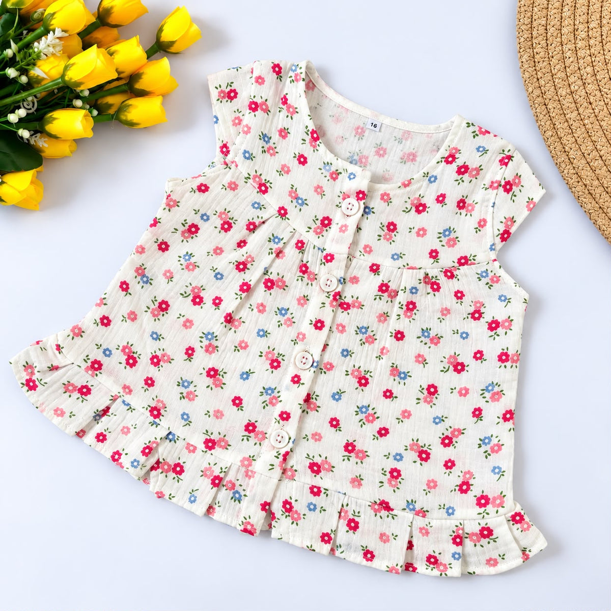 Crinkled Muslin Front-Open Frock with Sleeves MN01