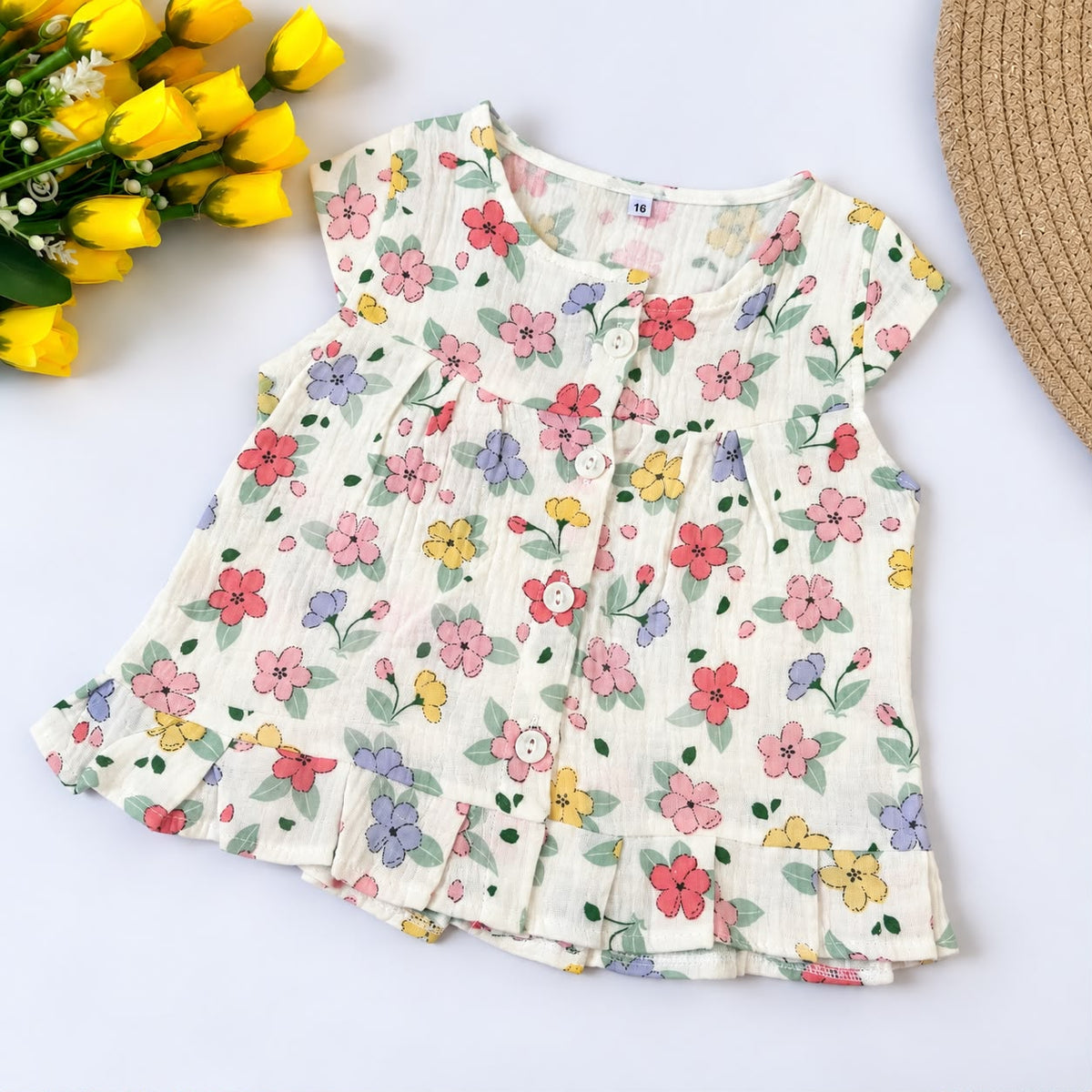 Crinkled Muslin Front-Open Frock with Sleeves MN01