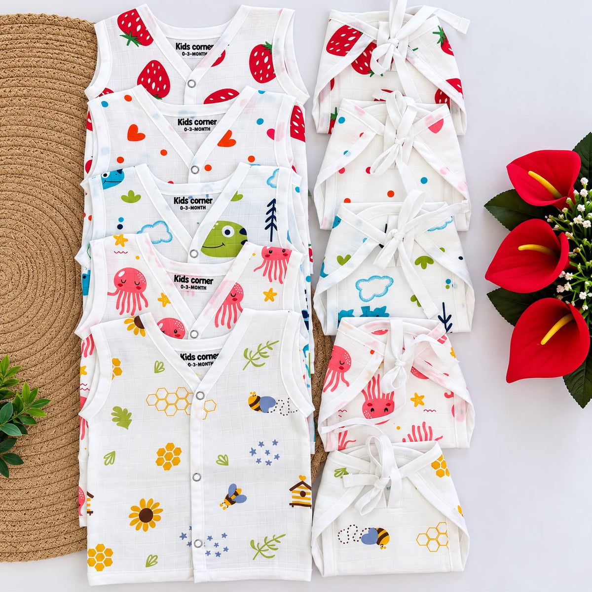 Premium Muslin Button jablas and Nappy set 5 pcs pack