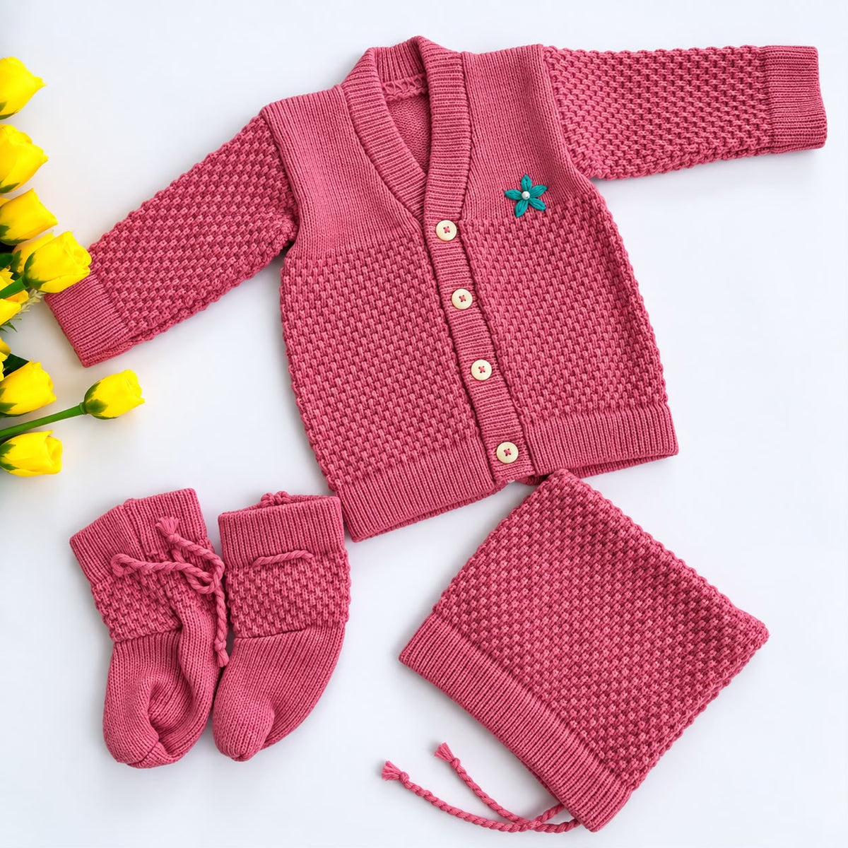 Woollen sweater Cap And Booties Set MN01 ( Pink )