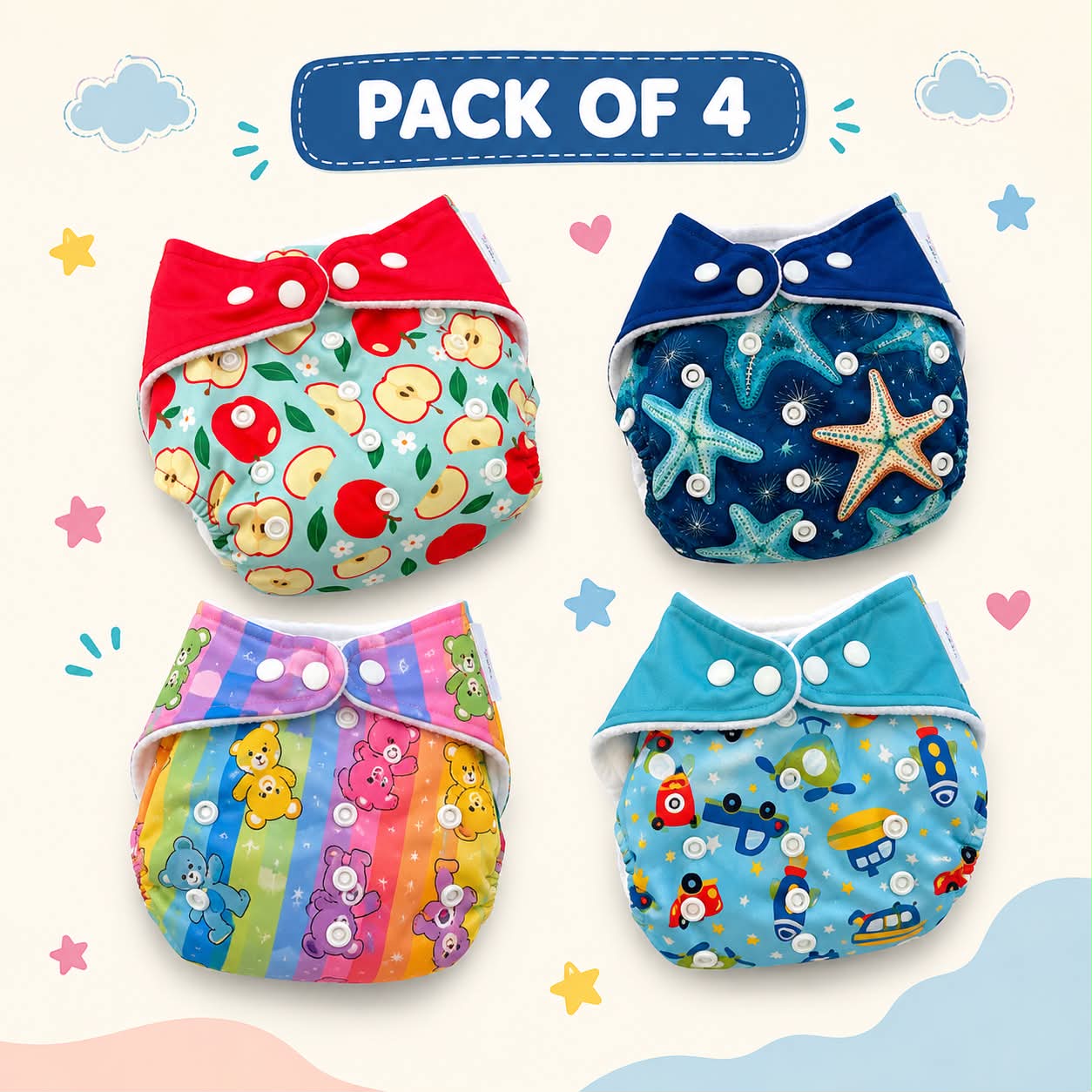 Organic Reusable Cloth Diaper ( Pack of 4 )