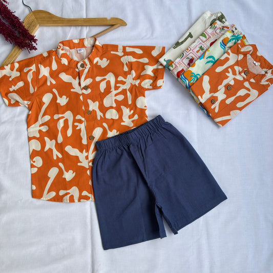 Boys  Cotton Shirt And Shorts set Orange Mirage