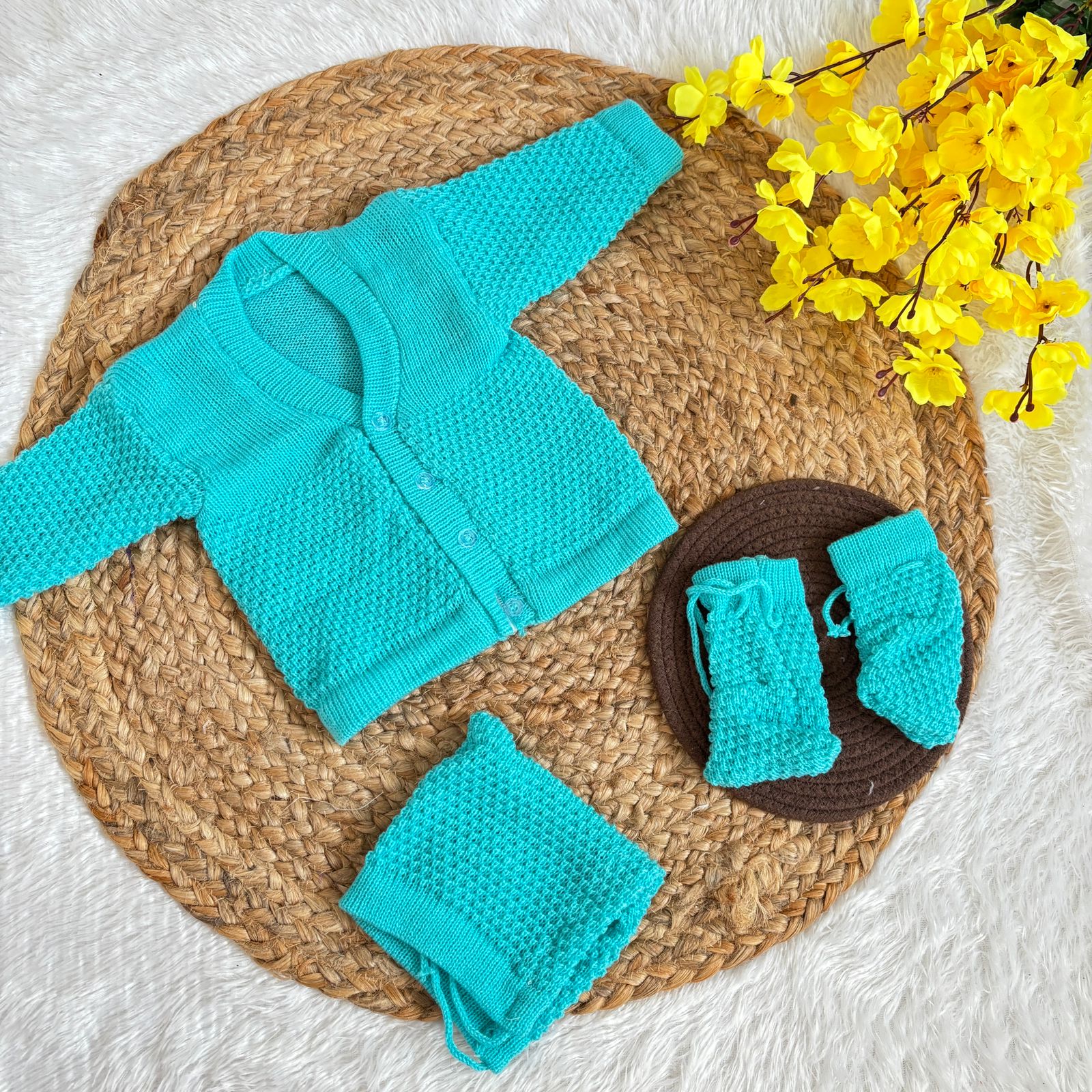 Woollen sweater Cap And Booties Set MN01 ( Teal  )
