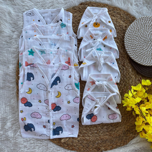 Muslin Button jablas and Nappy set 5 pcs pack