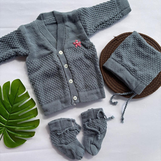 Woollen sweater Cap And Booties Set MN01 ( Gray  )