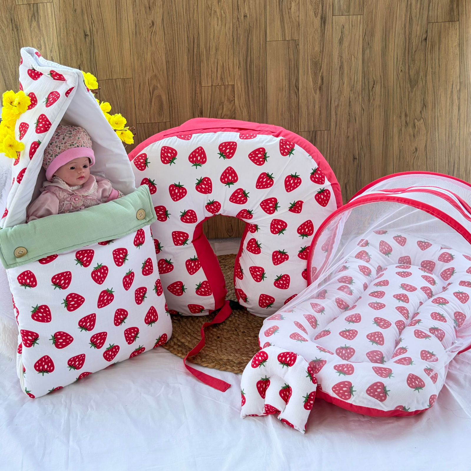 Baby Muslin Carry Bed , Mosquito Net Bed & Feeding Pillow Combo MN01