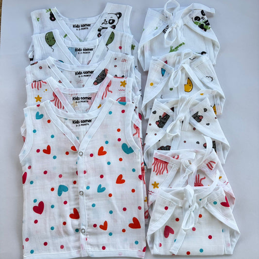 Premium Muslin Button jablas and Nappy set 5 pcs pack