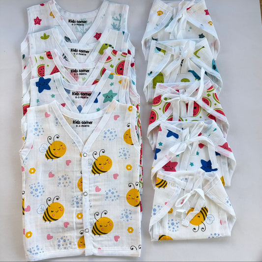 Premium Muslin Button jablas and Nappy set 5 pcs pack
