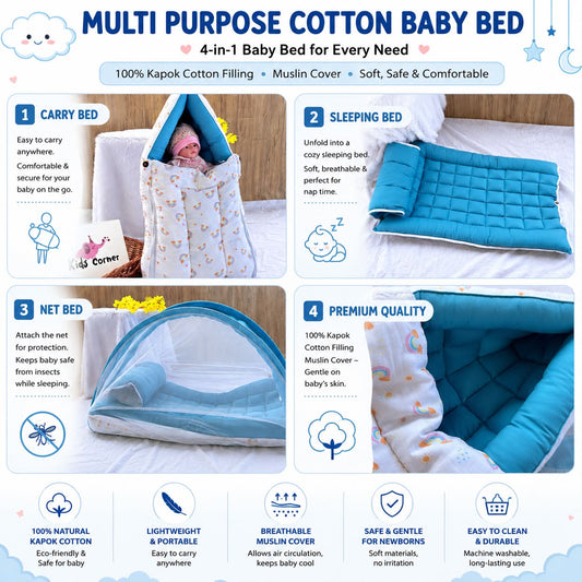 Multi Purpose Cotton Baby Bed / 100% Kapok Cotton Filling / Muslin Cover MN01