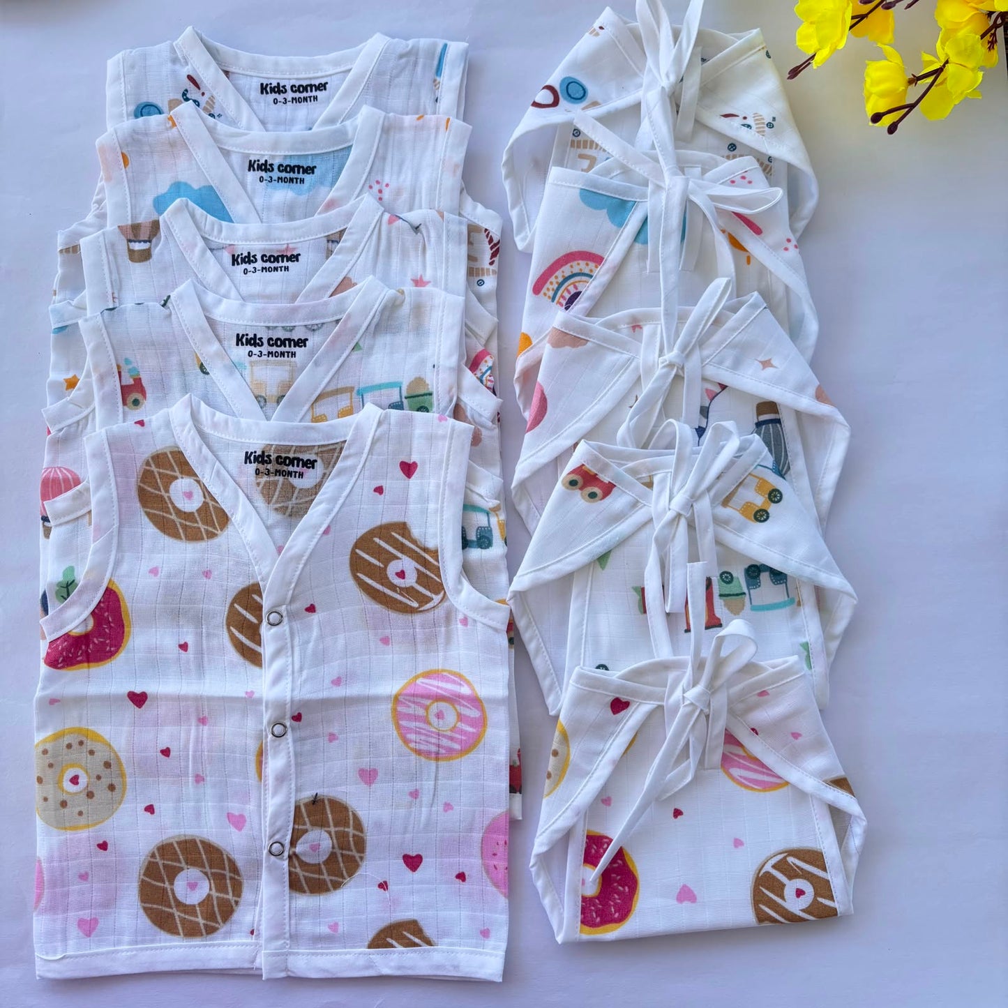 Premium Muslin Button jablas and Nappy set 5 pcs pack