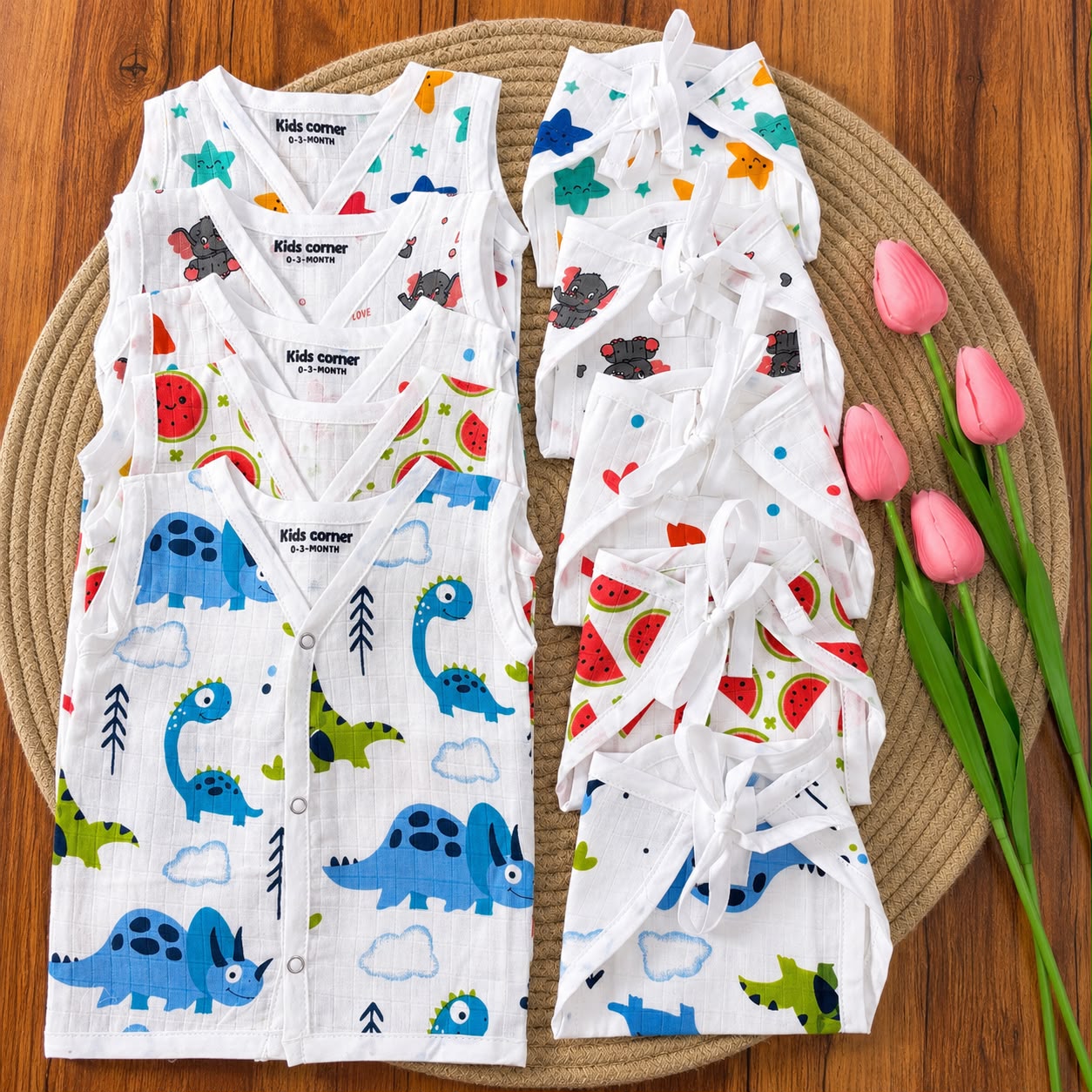 Premium Muslin Button jablas and Nappy set 5 pcs pack