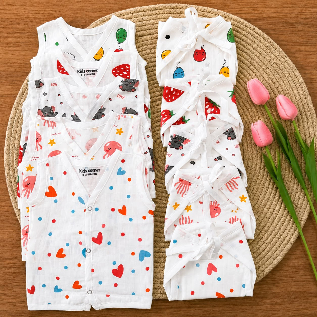 Premium Muslin Button jablas and Nappy set 5 pcs pack
