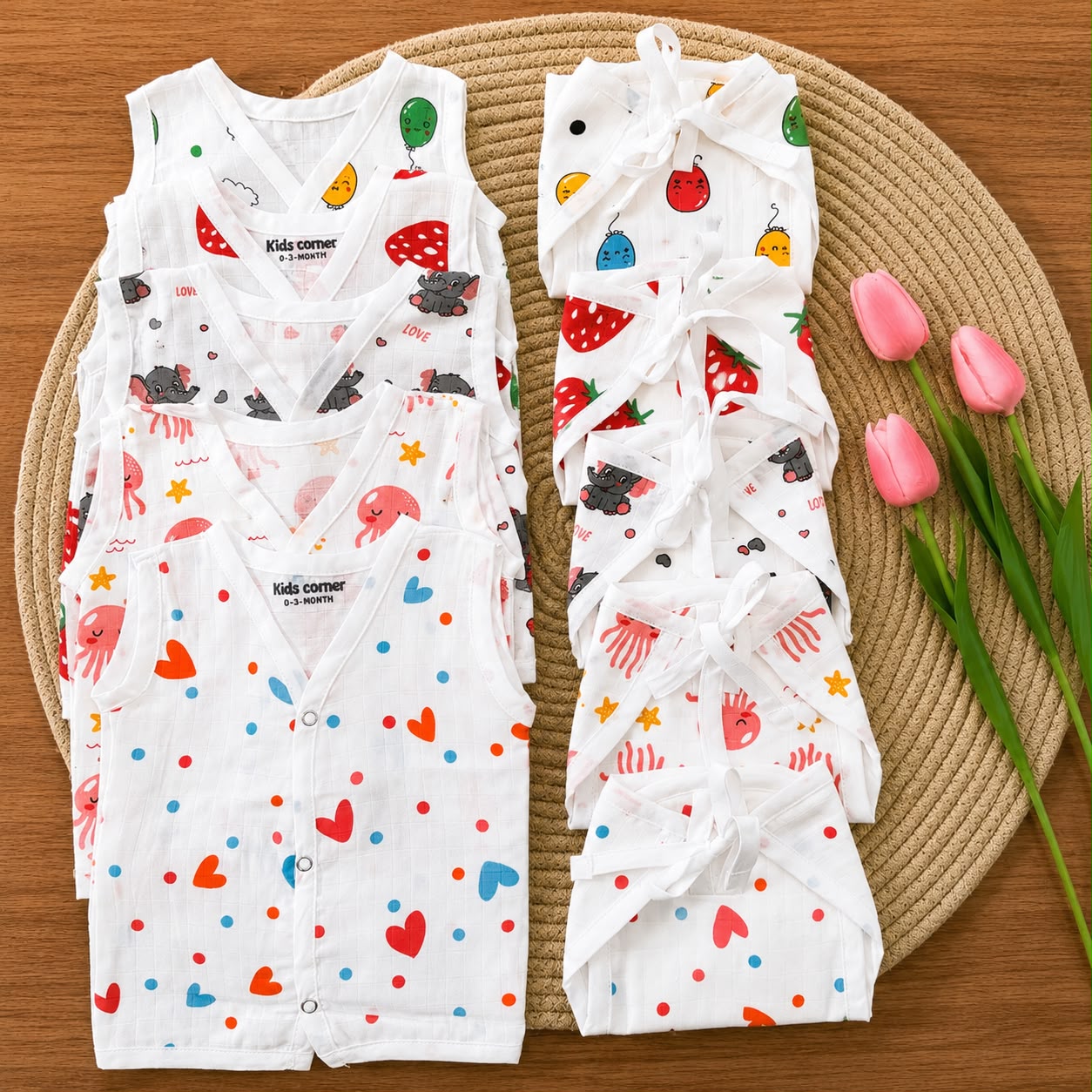 Premium Muslin Button jablas and Nappy set 5 pcs pack