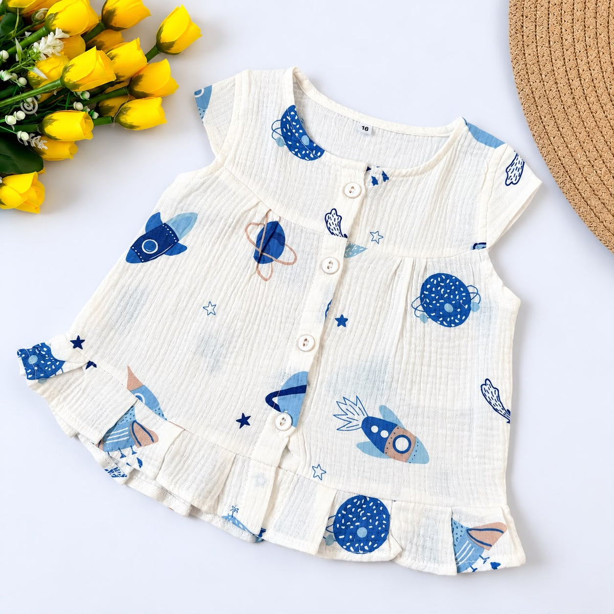 Crinkled Muslin Front-Open Frock with Sleeves MN01