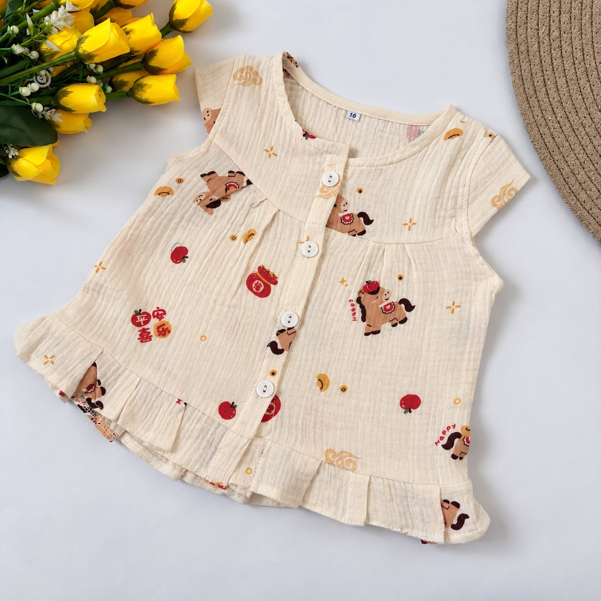 Crinkled Muslin Front-Open Frock with Sleeves MN01