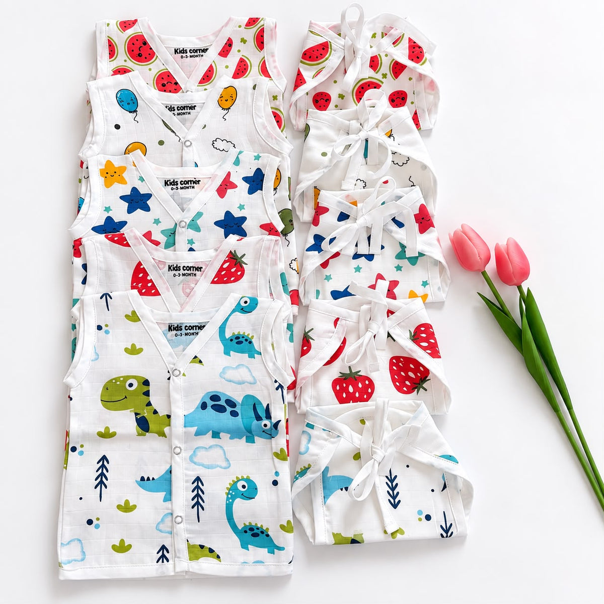 Premium Muslin Button jablas and Nappy set 5 pcs pack