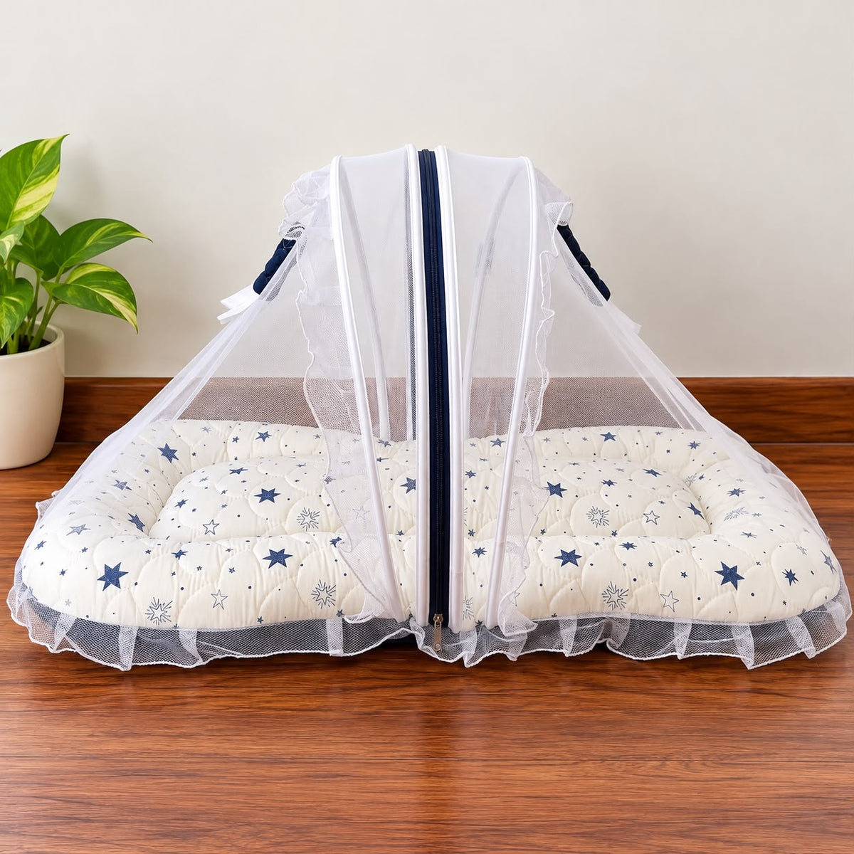 Premium Quilted Baby Mosquito Net Bed – Navy Blue Star Print