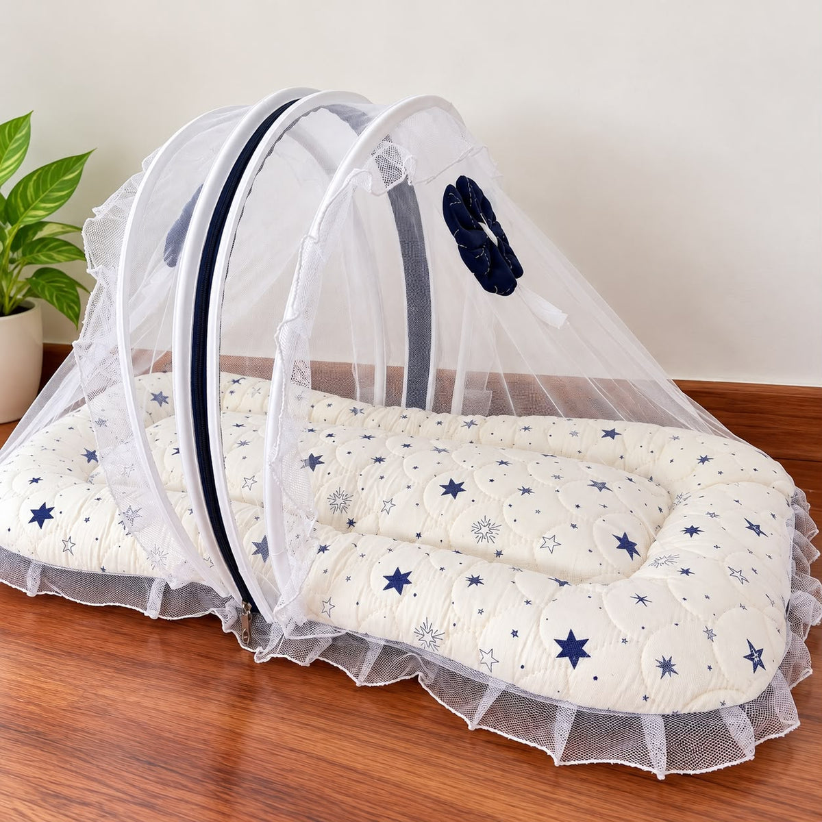 Premium Quilted Baby Mosquito Net Bed – Navy Blue Star Print