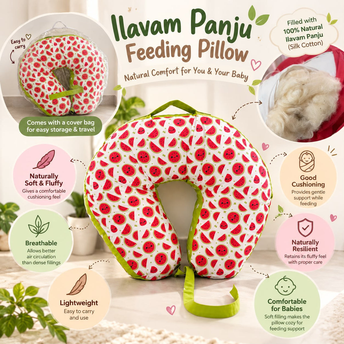 Ilavam Panju ( Kapok ) Feeding Pillow Watermelon Print  MN01
