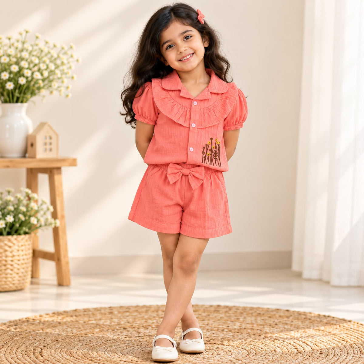 Girls Seersucker Floral Embroidered Co-ord Set
