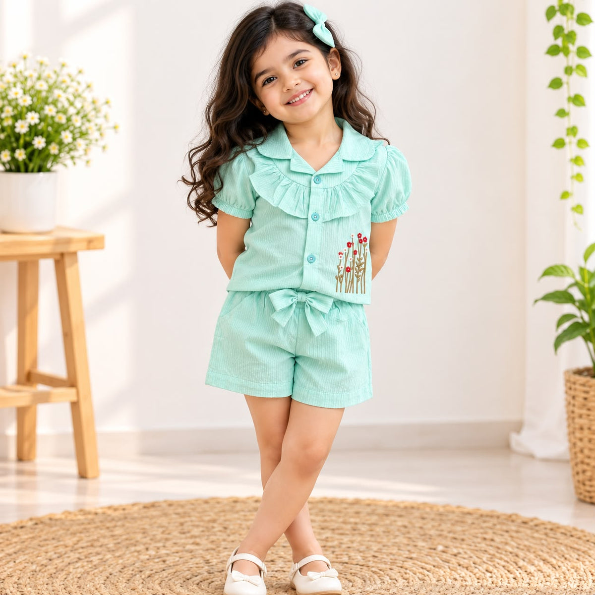 Girls Seersucker Floral Embroidered Co-ord Set