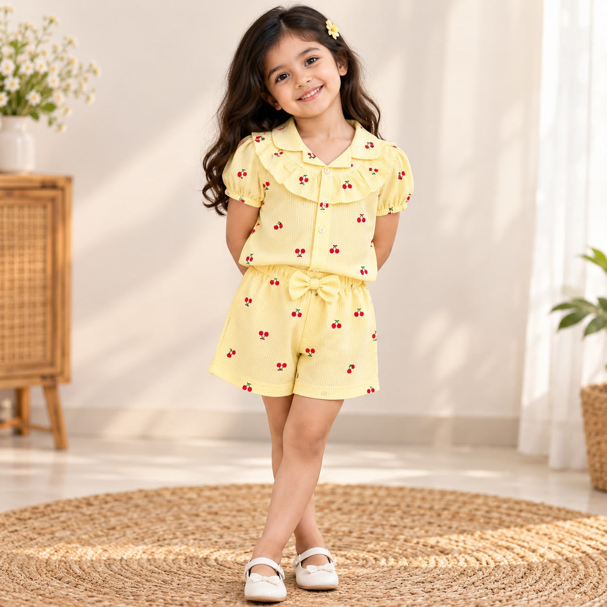 Girls Seersucker Floral Embroidered Co-ord Set