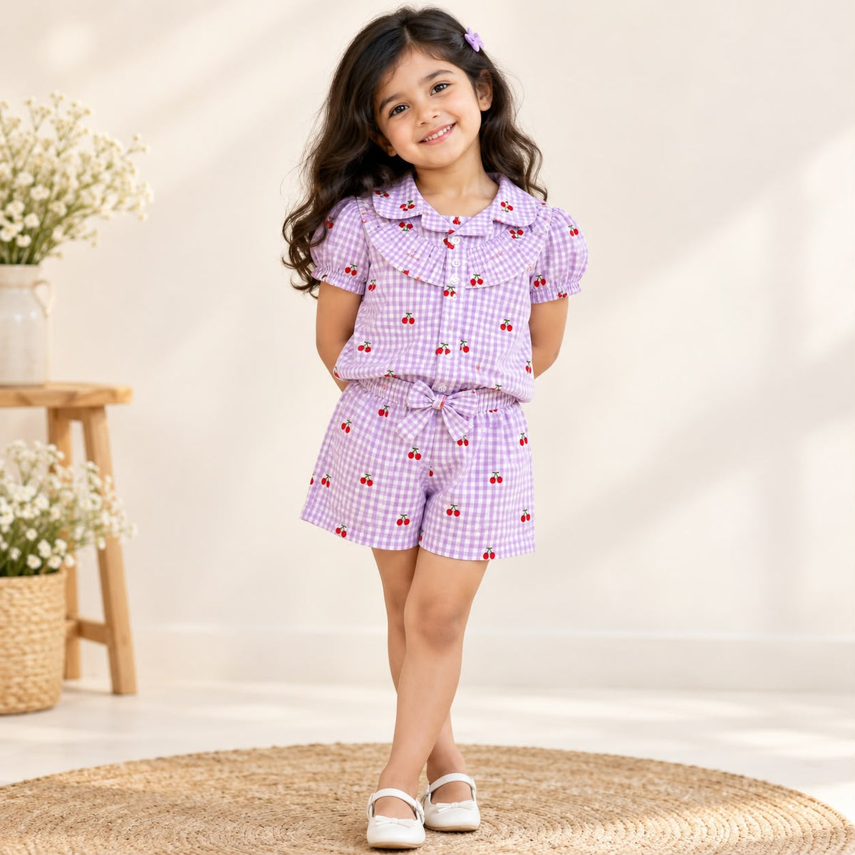 Girls Seersucker Floral Embroidered Co-ord Set