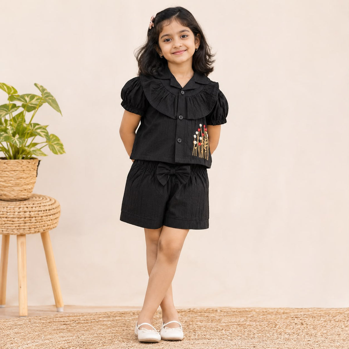 Girls Seersucker Floral Embroidered Co-ord Set