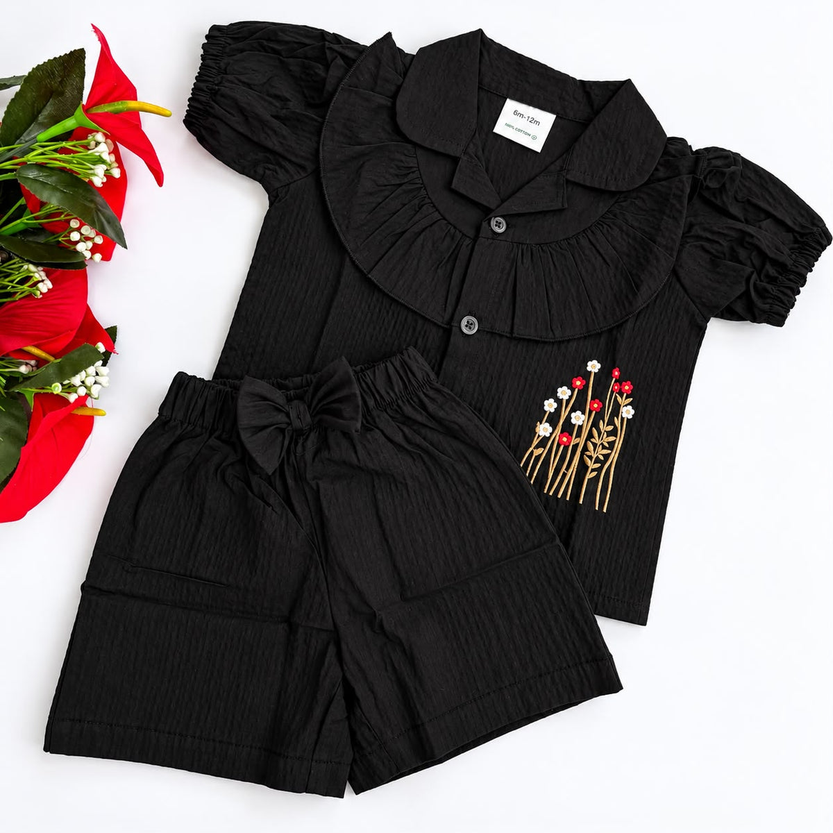 Girls Seersucker Floral Embroidered Co-ord Set