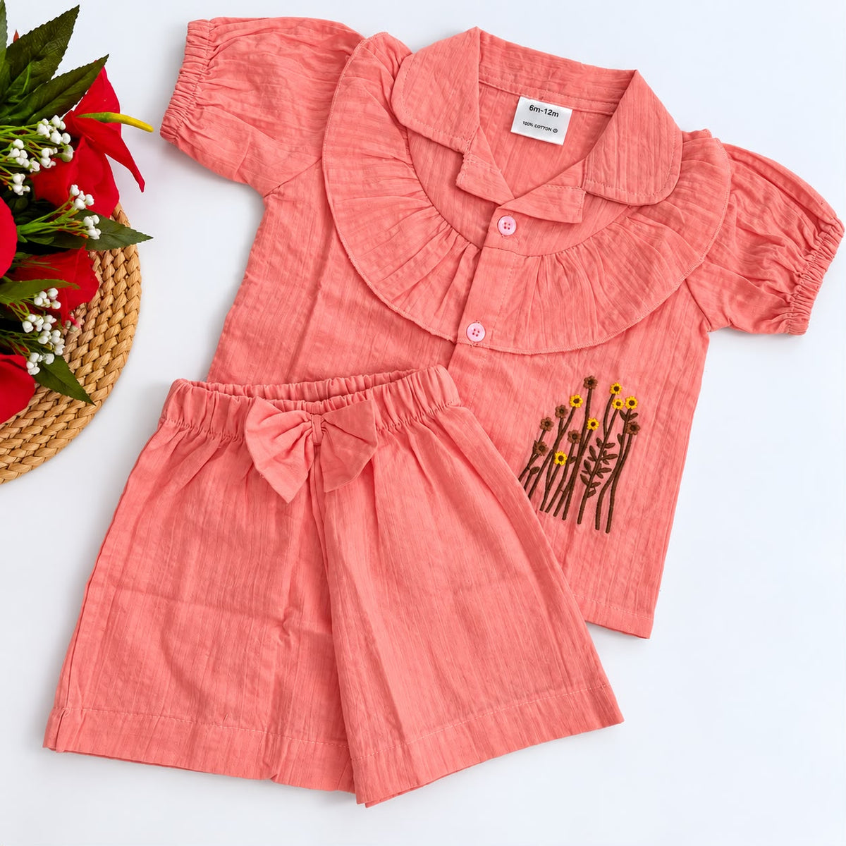 Girls Seersucker Floral Embroidered Co-ord Set