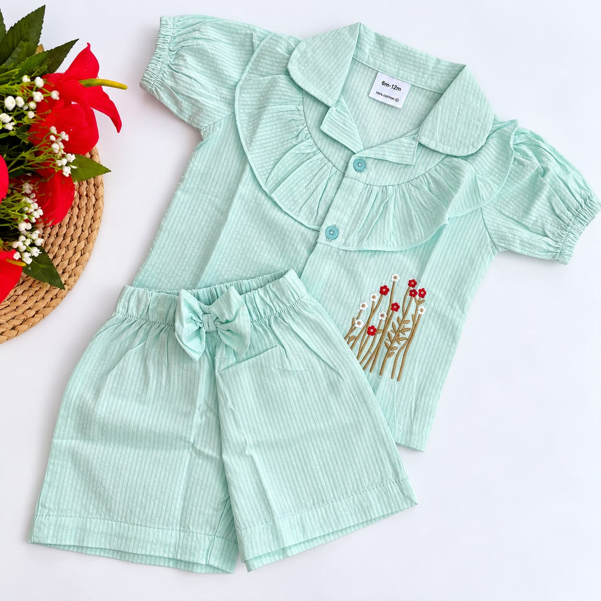 Girls Seersucker Floral Embroidered Co-ord Set