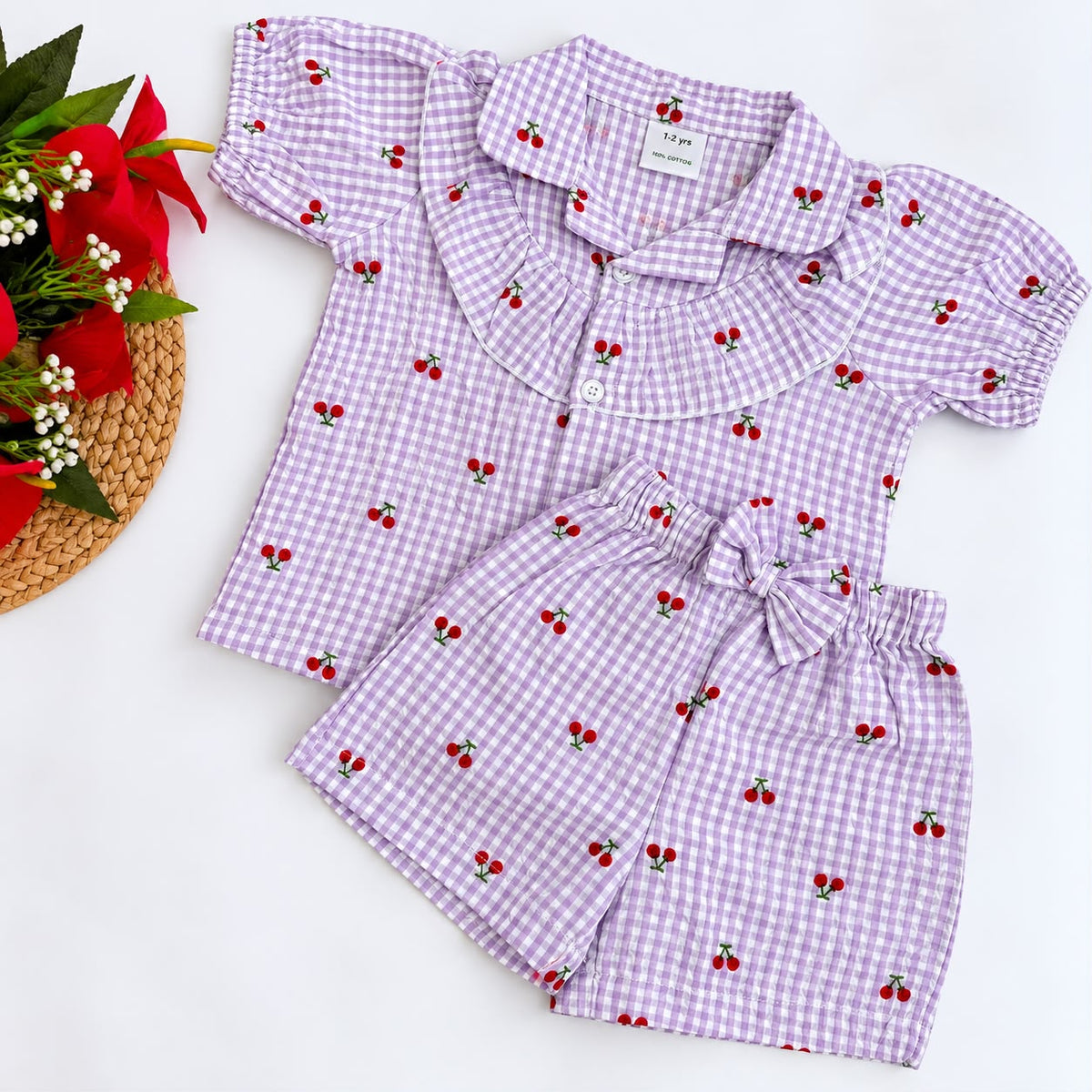 Girls Seersucker Floral Embroidered Co-ord Set