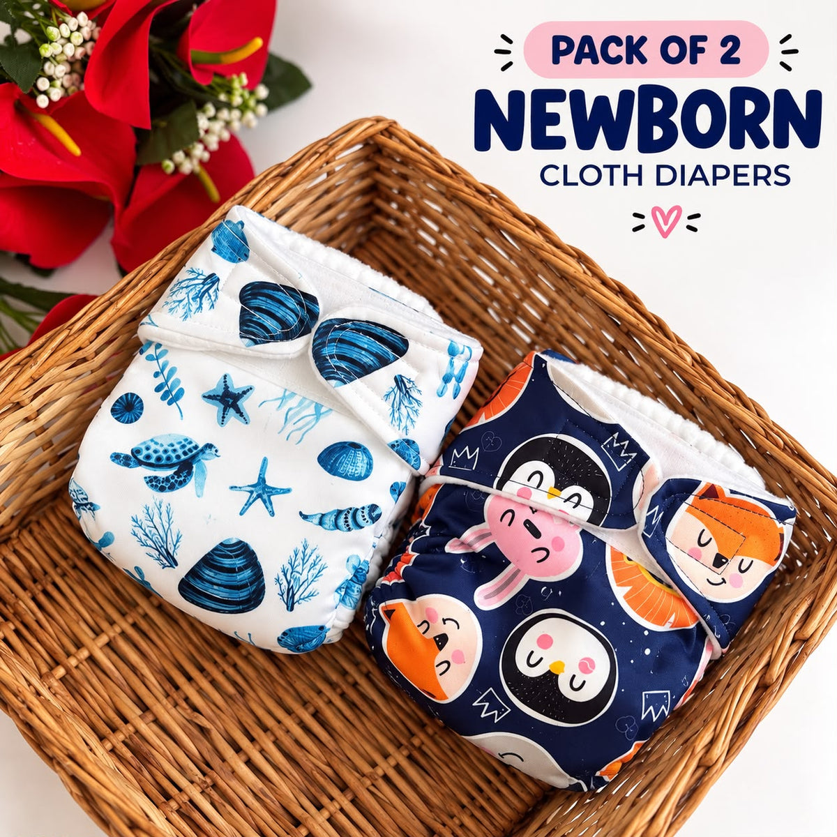 Pack of 2 Newborn Organic Reusable Cloth Diaper MN01