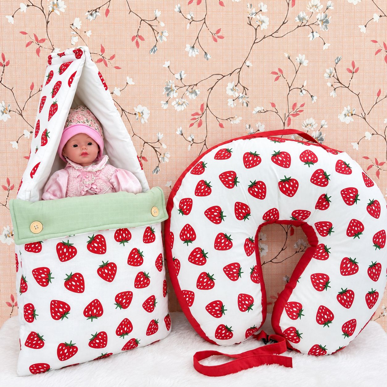 Baby Muslin Carry Bed & Feeding Pillow Combo MN01 ( Strawberry )