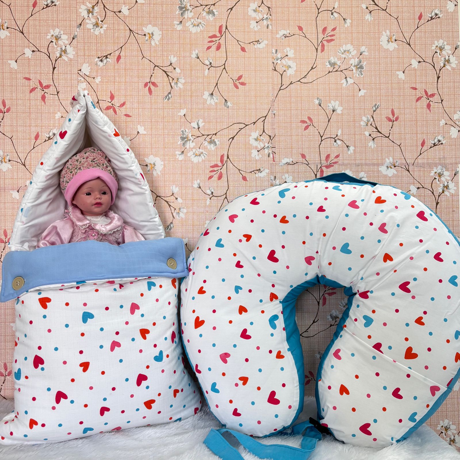 Baby Muslin Carry Bed & Feeding Pillow Combo MN01 ( Heart )