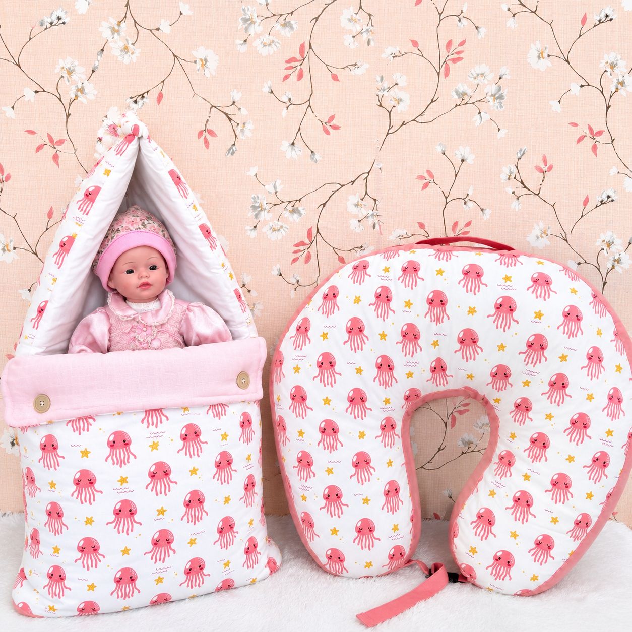 Baby Muslin Carry Bed & Feeding Pillow Combo MN01 (Jellyfish )