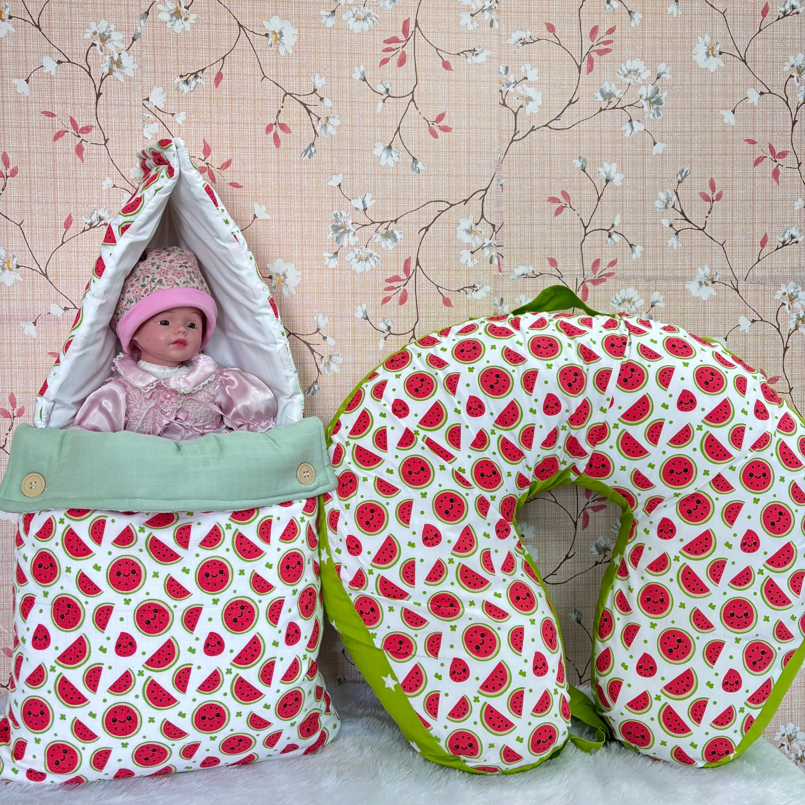 Baby Muslin Carry Bed & Feeding Pillow Combo MN01 (Watermelon )