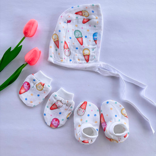Muslin Cap Mitten and Booties Set MN01