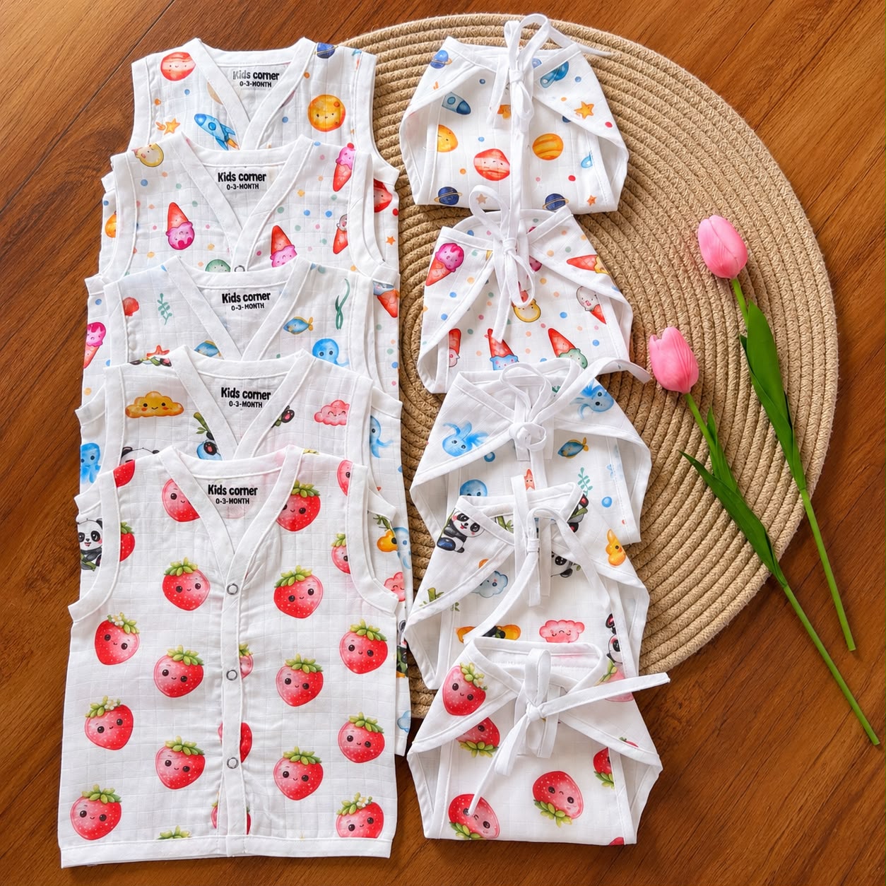 Premium Muslin Button jablas and Nappy set 5 pcs pack
