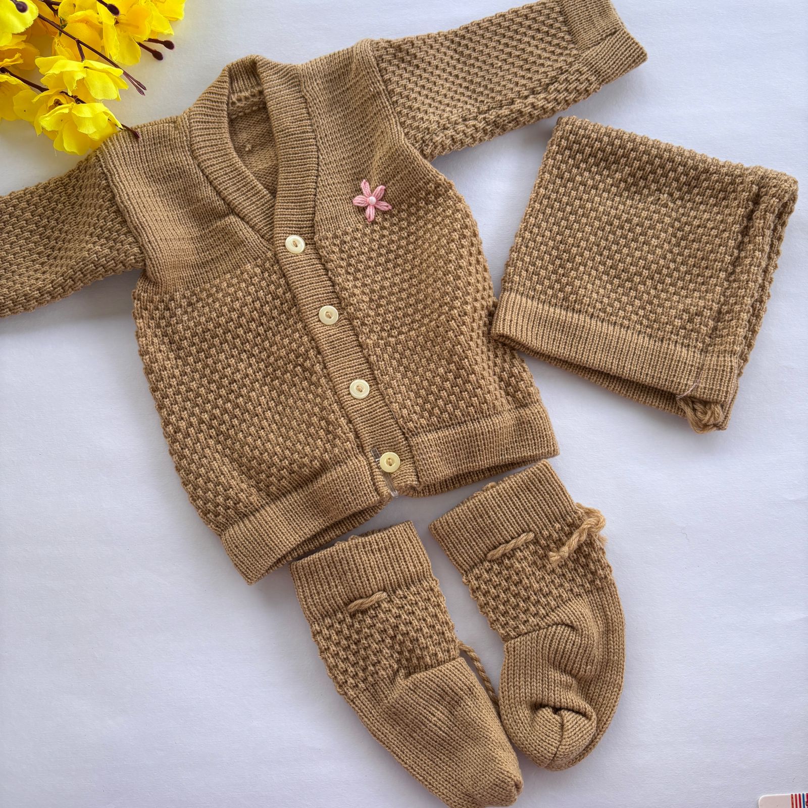 Woollen sweater Cap And Booties Set MN01 ( Light Brown  )