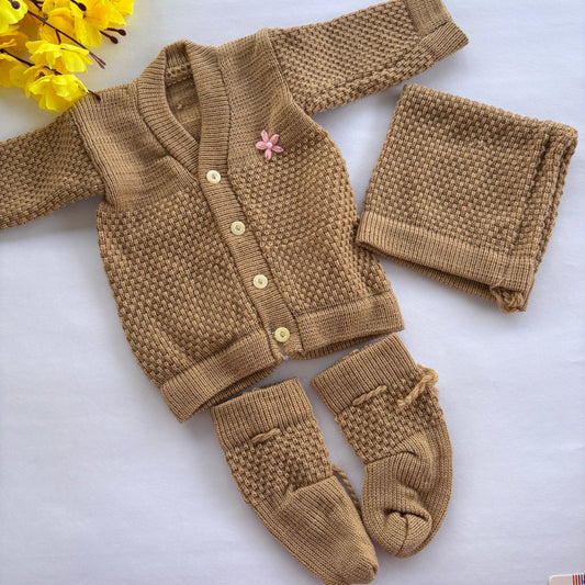 Woollen sweater Cap And Booties Set MN01 ( Light Brown  )