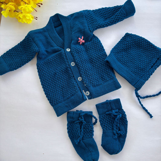 Woollen sweater Cap And Booties Set MN01 ( Navy  )