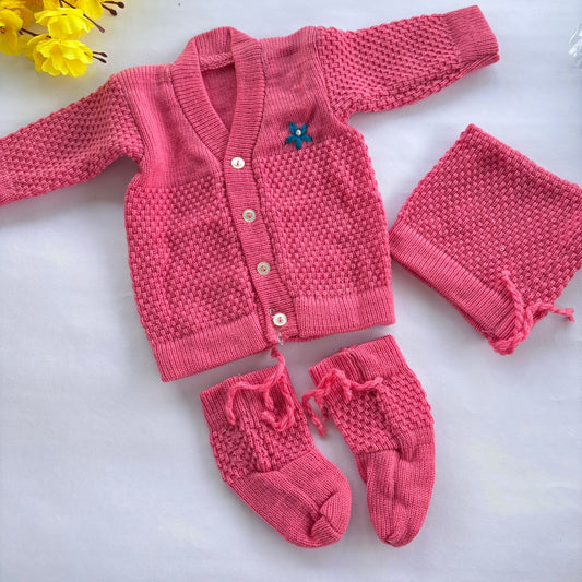 Woollen sweater Cap And Booties Set MN01 ( Pink  )