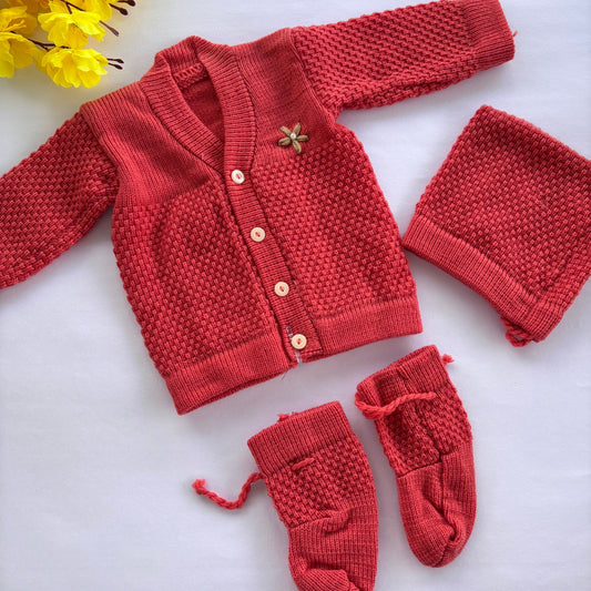 Woollen sweater Cap And Booties Set MN01 ( Red  )